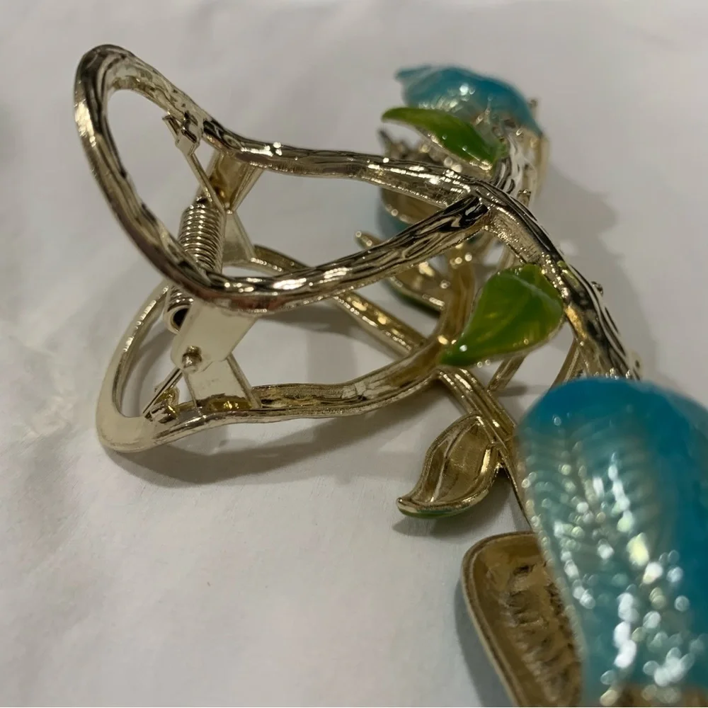 Double Blue Tulips Large Gold Hair Claw Clip